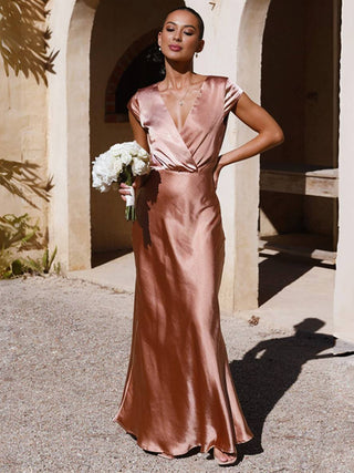 Hochzeitsgastkleid für Damen mit V-Ausschnitt | Kurze Ärmel