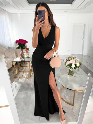 Damen Stilvol Langes Bodenlanges Kleid mit Schlitz für Hochzeitsgäste | V-Ausschnitt