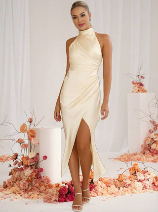 Damen-Hochzeitsgastkleid mit Neckholder | Hohem Schlitz