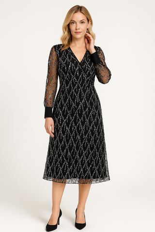 Damenkleid mit V-Ausschnitt und Midi-Länge für Silvester | Pailletten