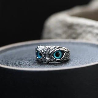 Ring – Silberfarbener Ring mit Eulenmotiv und Blauen Augen