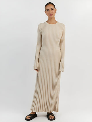 Geripptes Maxi-Strickkleid für Damen | Langarm