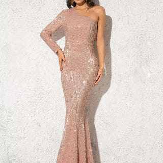 Damen Pailletten Silvester Kleid | Asymmetrischer Ausschnitt