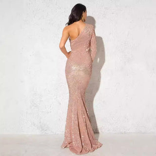 Damen Pailletten Silvester Kleid | Asymmetrischer Ausschnitt