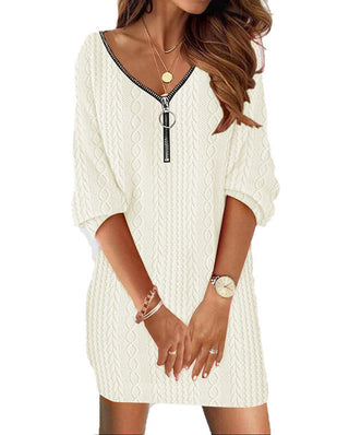 Damen Strickkleid mit V-Ausschnitt und Reißverschluss | Strukturiert