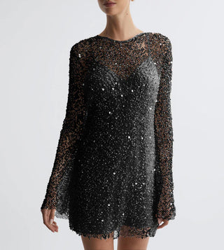 Damen Stilvoll Mini-Kleid mit Pailletten für Silvester | Lange Ärmel