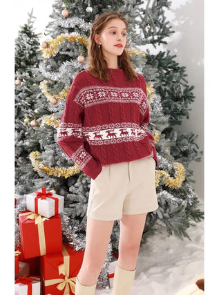 Damen Rot Weihnachtspullover | mit Schneeflocken- und Rentier Muster