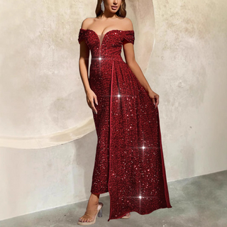 Schulterfrei-Maxikleid für Damen für Silvester | Pailletten