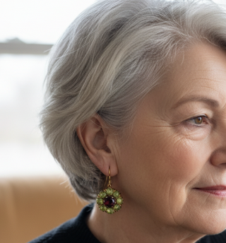 Damen Ohrhänger Goldfarben – Runde Ohrringe mit Grünem Stein-Design und Rotem Akzent