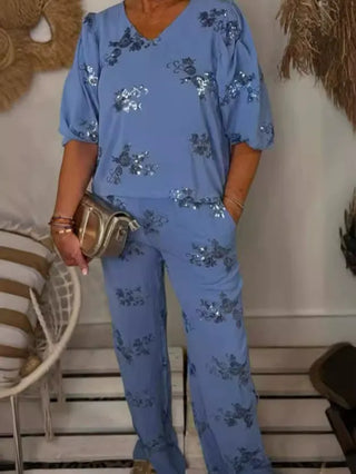 Zweiteiliges Set für Damen mit Pailletten und Blumenmuster | Neujahr