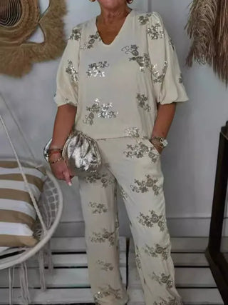 Zweiteiliges Set für Damen mit Pailletten und Blumenmuster | Neujahr