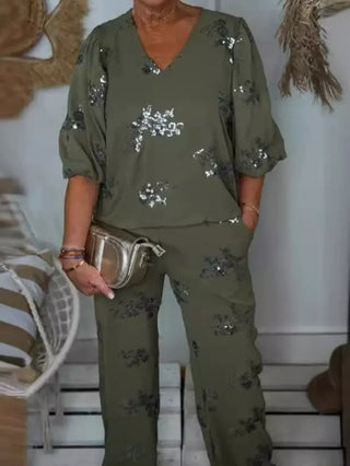 Zweiteiliges Set für Damen mit Pailletten und Blumenmuster | Neujahr